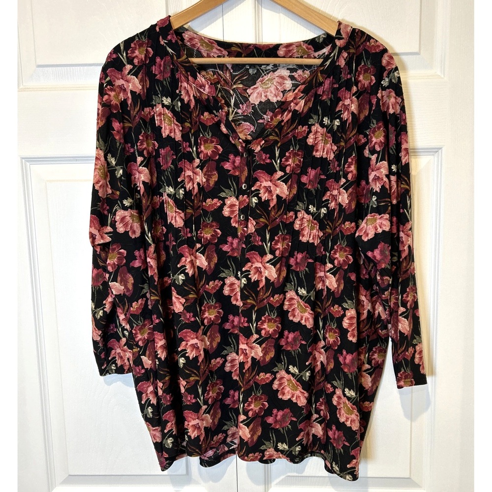 Napa Valley Top Womens 2X Black Floral 3/4 Sleeve Button‎ Stretch Tunic Career
